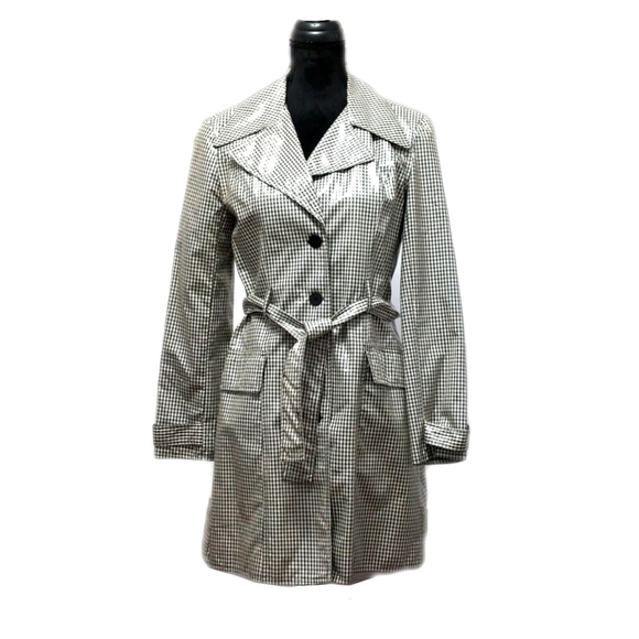 Laundry Shelli Segal Womens B&W Small Gingham Button Trench Coat w/ Sheen Sz 4 - Picture 3 of 7